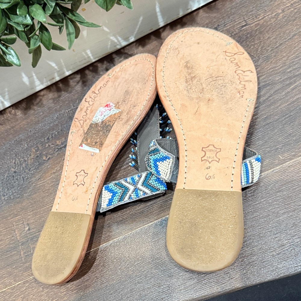Sam Edelman Blue Beaded Fringe T-Strap Sandals Size 6.5 - Picture 5 of 5